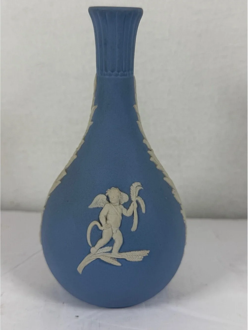 Vintage Wedgwood Blue Jasperware Bud Vase Cherub Relief Made in England 1973